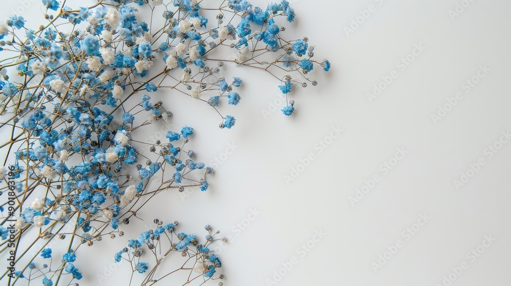 Poster dried blue gypsophila on white background with copy space