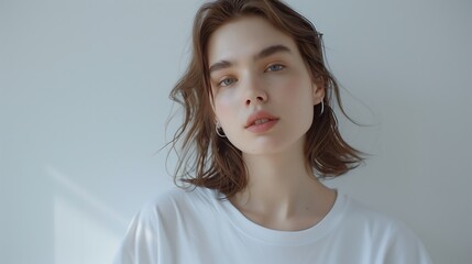 Individual wearing a white tee posing dramatically against a simple background perfect for marketing or promotional materials
