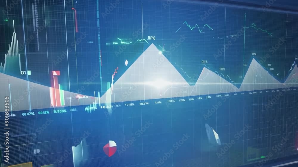 Poster big screen displays stock data in line graph form, shown on a blue background with white lines and g