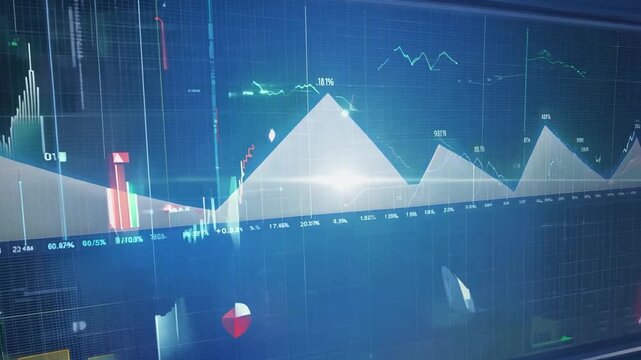 Big screen displays stock data in line graph form, shown on a blue background with white lines and gridlines