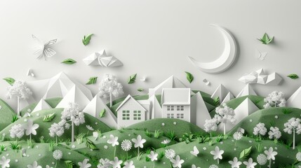 Eco-Friendly ESG Concept with Paper Art Collage Depicting Sustainable Green Landscape and Nature Elements
