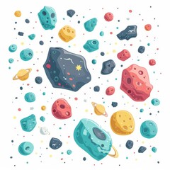 Asteroid belt, educational space elements, flat design illustration, scattered, isolated on white background