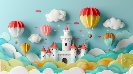 Naklejka premium Whimsical Paper Art Collage of a Fantasy Castle with Hot Air Balloons and Clouds in a Dreamy Sky