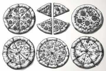 Set of pizzas hand drawn set. Engraving style