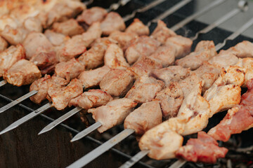 Poultry shashlik is cooked on the grill.