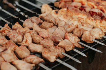 Poultry shashlik is cooked on the grill.