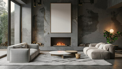Modern living room with minimalist fireplace with empty frame
