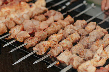 Poultry shashlik is cooked on the grill