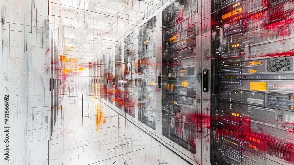Wall mural innovative big data technology and cyber security concept with abstract paper art in modern data cen