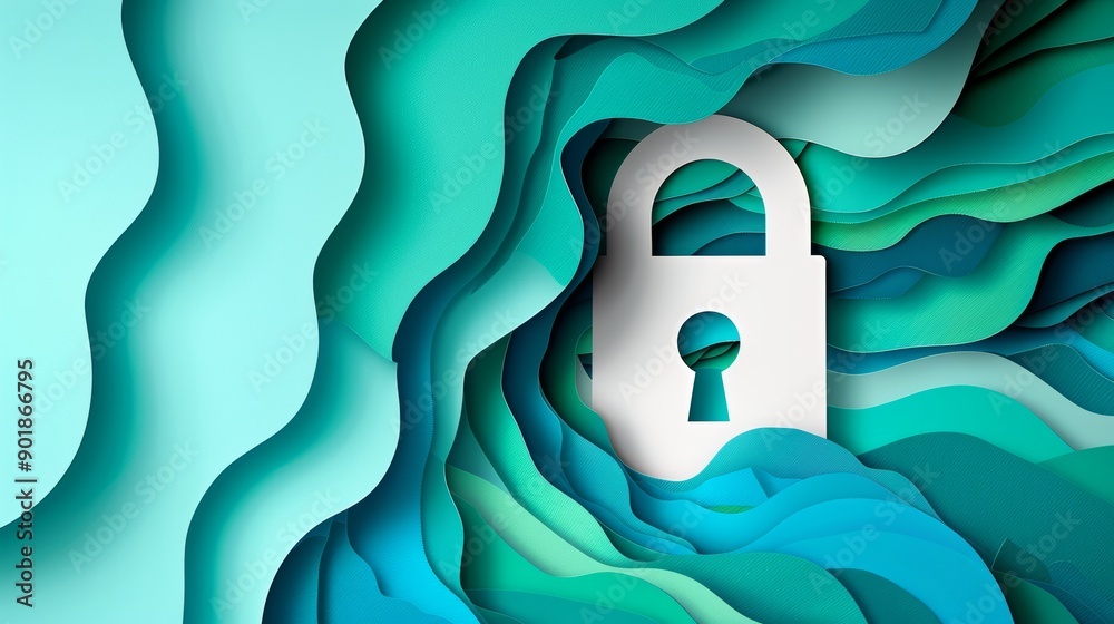 Wall mural big data technology and cyber security concept with paper art design featuring a lock symbol