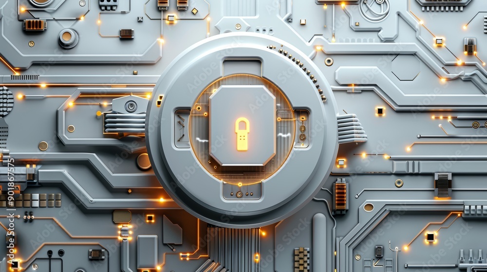 Wall mural big data technology and cyber security concept with paper art and digital circuitry elements