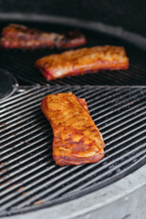 Mouthwatering Rack of Ribs on Round Grill. Glazed Barbecue Meat Over Hot Coals