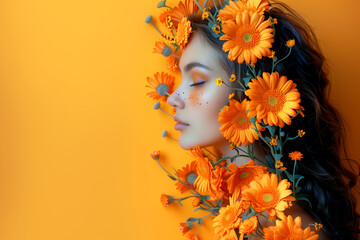 A woman with a flower crown on her head is surrounded by orange flowers. The flowers are arranged in a way that they cover her face and neck, giving her a unique and artistic appearance