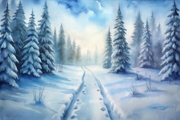 Obraz premium Serene winter wonderland featuring snow-covered pines and footprints in the fresh powder