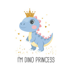 Princess dino card template. Cute dinosaur fairy, baby sweet poster. Scandinavian style animal
