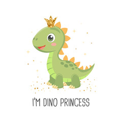 Princess dino card template. Cute dinosaur fairy, baby sweet poster. Scandinavian style animal