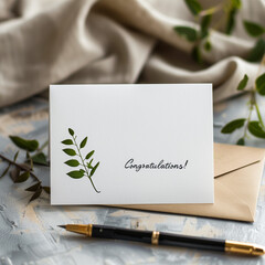 Fototapeta premium Elegant white congratulations card with pen.