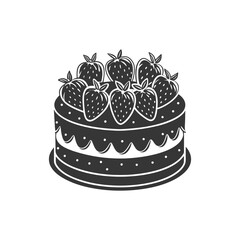 Strawberry cake on white background, engraving, silhouette. Black and white illustration of dessert, pastry, food icon