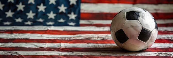 Soccer ball on the background of an American flag Background with copy space for text Generative AI