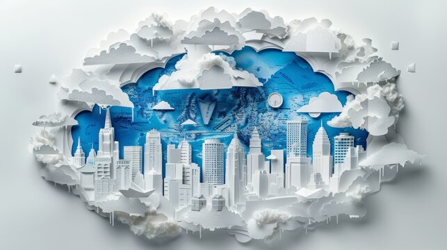 Big Data Technology and Cyber Security Concept with Intricate Paper Art Cityscape and Digital Elements