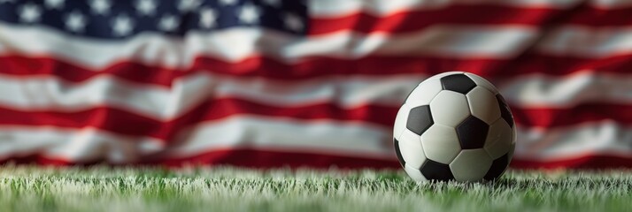 Naklejka premium Soccer ball on the background of an American flag, copy space for text Generative AI
