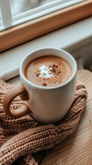 A warm mug of coffee sits on a knitted blanket by a frosted window, creating a cozy atmosphere on a chilly winter morning