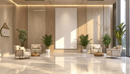 Modern lobby clean lines with empty blank white frame