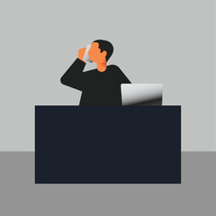 Fototapeta premium Business man using laptop computer sitting at a desk isolated vector illustration.