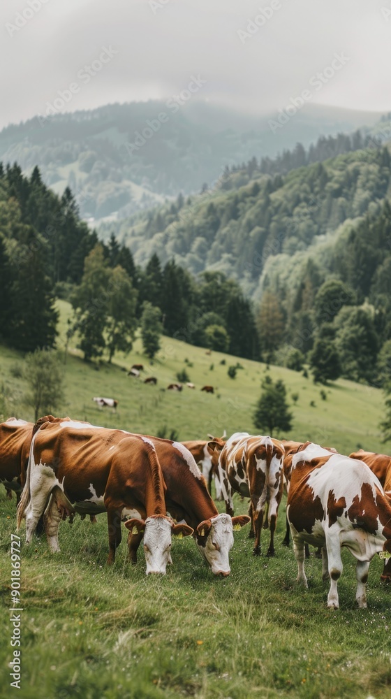 Poster a herd of cows are grazing in a lush green field