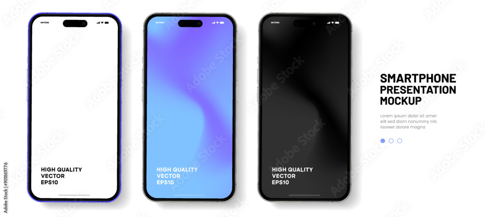 Poster Realistic smartphone mockup. Mobile phone vector with isolated on white background. Device front view. 3D mobile phone with shadow. Realistic, high quality smart phone mockup for ui ux presentation.