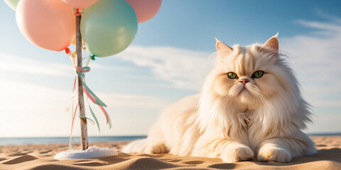 Serene and Majestic Luxurious Summer Persian Cat with Cream and White Fluffy Coat