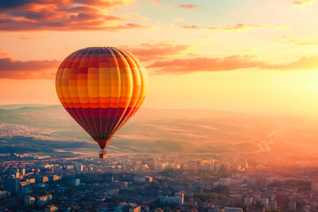 Fototapeta premium A colorful hot air balloon floating above a cityscape.
