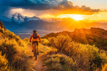 Fototapeta premium A man mountain biking on a rugged trail, with snow-capped peaks in the distance, backlit by the sun.