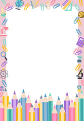 colorful childrens background frame for notes with set of school supplies