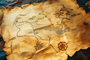 A treasure map with a dotted line leading to a hidden island.