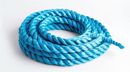 Isolated blue nylon rope roll on white background with copy space