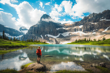 Hiker exploring the serene beauty of the Canadian Rockies.