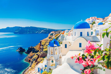 Santorini's white-washed buildings and blue domes overlooking the Aegean Sea.