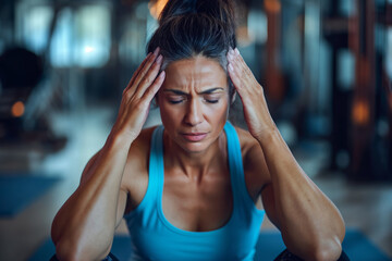 Stressed young woman in gym attire. Illustrates stress and physical discomfort while exercising. Ideal for fitness, health articles, and mental health awareness campaigns - Powered by Adobe