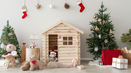 Obraz premium A charming barn is adorned with holiday decorations, featuring Christmas trees, a bright door, wreath, and numerous wrapped gifts