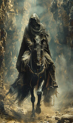 hooded warrior on horseback. Realistic. Riding into battle. Roman greek aesthetic.generative ai
