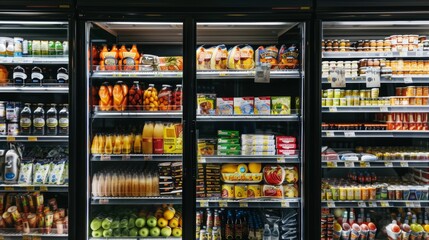 Fototapeta premium Refrigerated shelves filled with various grocery items