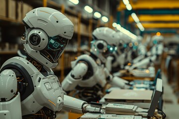 Fototapeta premium Futuristic white robot in a high-tech facility, highlighting automation, robotics, and technological innovation. Ideal for tech and AI-related themes.