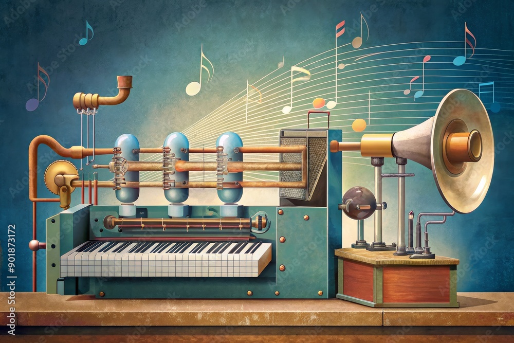 Wall mural an imaginative musical machine creating enchanting melodies in a vintage workshop