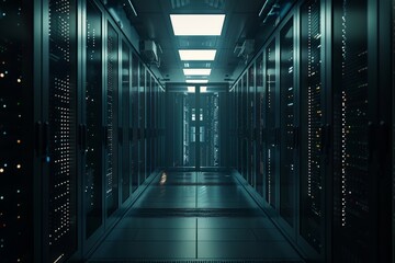 Fototapeta premium Server room interior in datacenter, camera positioned at the entrance of the room, capturing the full view