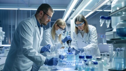 Classmates having friendly conversation during teamwork,chemists search in labotaory, work for searching,
