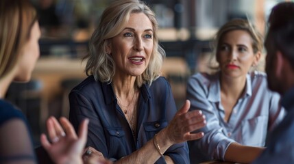 A woman is talking to two other women in a restaurant