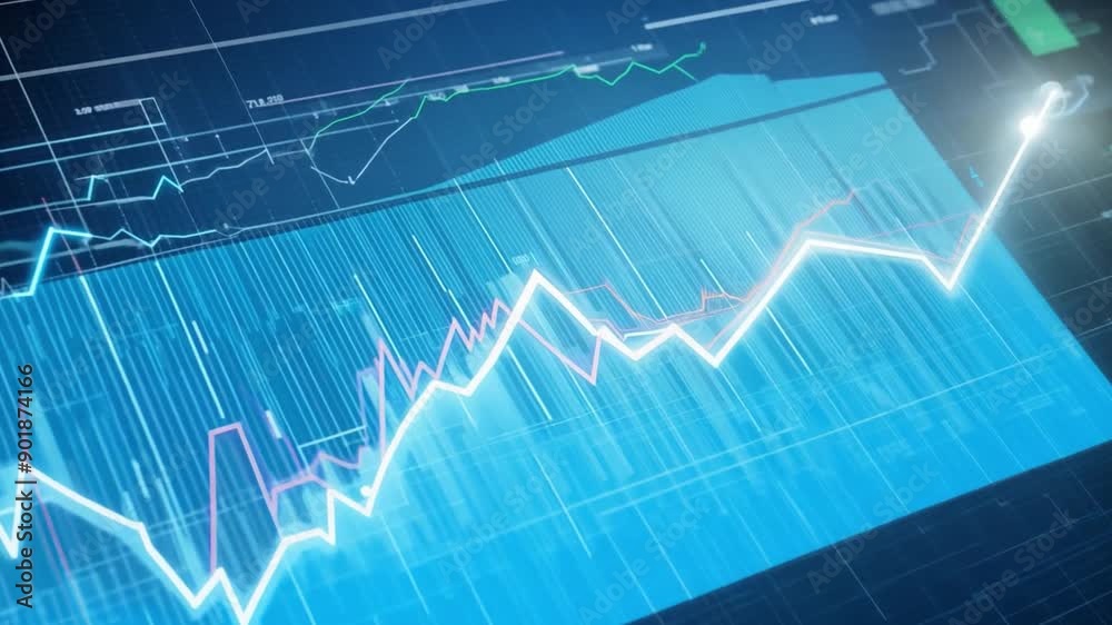 Poster a screen displaying financial data with blue and red lines and bars.