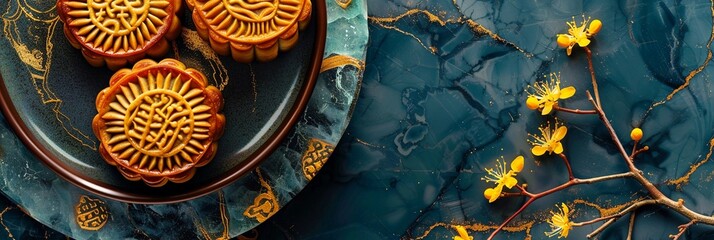 Mooncake food. Moon cake. Chinese Mid autumn festival background. Sweet tradition food from China. Top view of black green table with jade pattern, delicious plate and yellow osmanthus flower branch