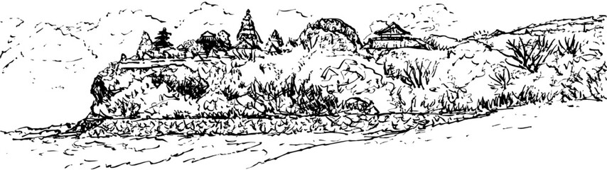 Sketch of a view from Geger Beach to the pier and the cape with Hindu temple. Pura Geger Temple is one of most important cultural landmarks Nusa Dua, Bali, Indonesia 